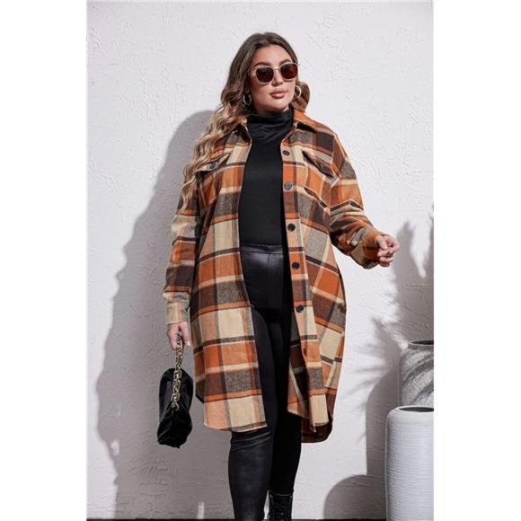Women's Plus Size Flannel Plaid Shirts Long Sleeve Button Down Long Jacket Coats - Picture 4 of 6